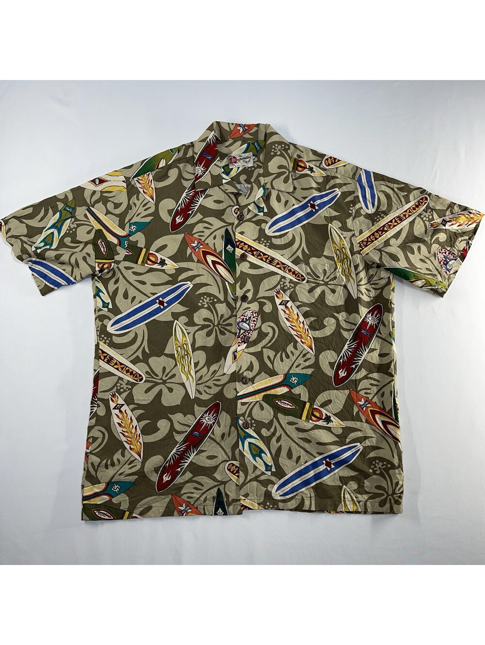 VTG Hilo Hattie Hawaiian Shirt Camp Floral Mens Large Surfboard Rayon USA Made